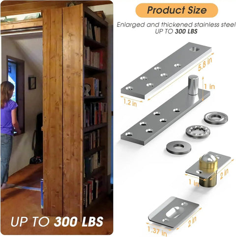 Hidden Door Pivot Hinge 360 Degree Stainless Steel Heavy Duty 300lbs Capacity For Secret Bookcase Doors And Concealed Cabinets shown in use