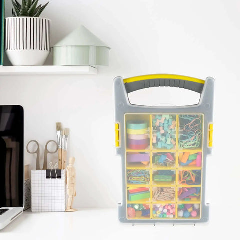 Front view of a yellow and black Set Of Four Plastic Clear Top Tool And Parts Organizer Box Set for crafts, with visible contents