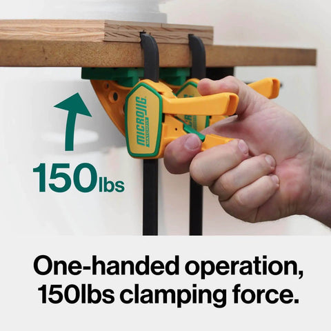 Grr-rip Clamp 4-Pack For Dovetail Grooves one-handed squeeze action clamp in use on wood surface, showing 150 lb holding power.