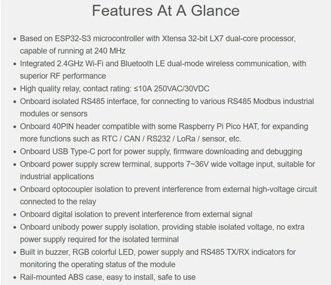 Product features of Beefed-Up 6 Channel ESP32 S3 WiFi Relay Module with dual core 240 MHz processor, Bluetooth, rail mount case.