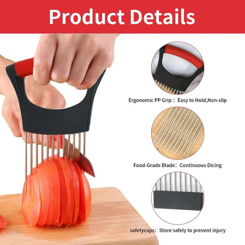 Person using All In One Onion Holder And French Fry Cutter Set With Vegetable Chopper Meat Tenderizer And Wavy Potato Slicer In Stainless Steel.