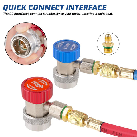 PPKBBEB 2PCS R134a refrigerant adapters with hose fittings; blue and red caps for automotive A/C