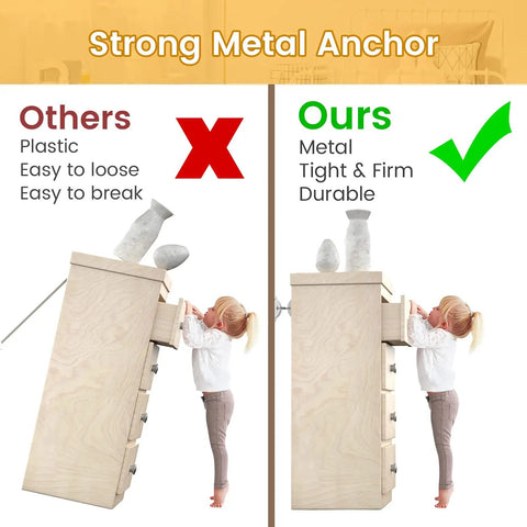 Comparison of plastic vs metal furniture anchors showing child safety with Keep Kids And Pets Safe With This 10 Pack Of Furniture Anchors Heavy Duty Anti Tip Straps That Secure Heavy Furniture Up To 400 Lbs White Metal Earthquake Straps For Baby Proofing And Home Safety.