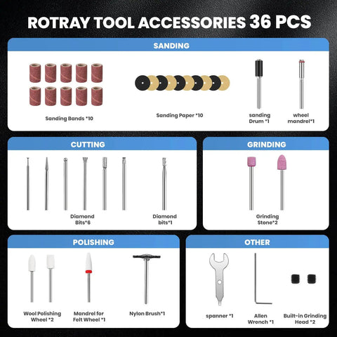 Mini Cordless Rotary Tool Kit With 35 Accessories And Brushless Motor includes sanding, cutting, grinding, and polishing bits.