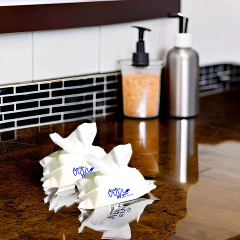 Hearing Aids Cleaning Towelettes Pouch Two Pack Alcohol Free Safe For Rubber on bathroom counter with toiletries