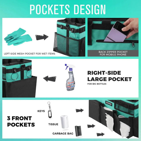 Wearable Cleaning Caddy Organizer with handle and adjustable straps showing pocket design including mesh, zipper, and large pockets Lake Blue
