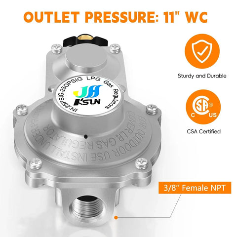 Close-up of two stage propane regulator for RVs with three eighths inch female NPT and POL, showing outlet pressure and certifications.