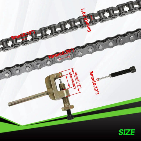 35 Chain 140 Links Chain Breaker Kit For Mini Bikes And Go Karts Compatible With Coleman CT100U CC100X Baja DB30 Motovox MBX10 MBX11 Monster Mega Moto Predator 212cc 105cc 100cc 97cc Engines By XIKOBY, showing chain and tool dimensions.