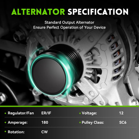 Close-up of 180 Amp Beefed Up Alternator Replacement For 2011-2020 Chrysler 300 With 3.6L V6 highlighted in green