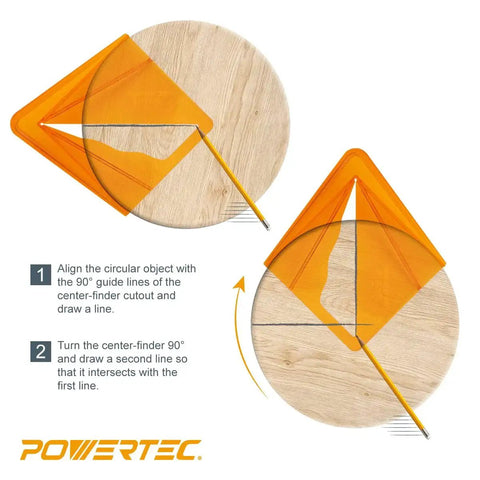 Center Finder Tool For Woodworking Up To Eight Inches shown aligning lines on round wood with instructions, orange plastic build.