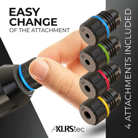 Close-up of attachments for Pro Rivet Gun Kit With 120 Pop Rivets And 4 HSS Drills For Quick, Easy Blind Rivet Fixes.