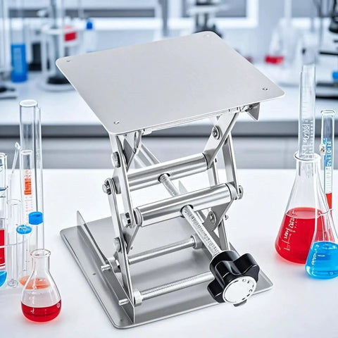 Two Pack 4x4 Lab Jack Stand Stainless Steel With Handwheel Expandable 50 150 Mm on lab table with beakers