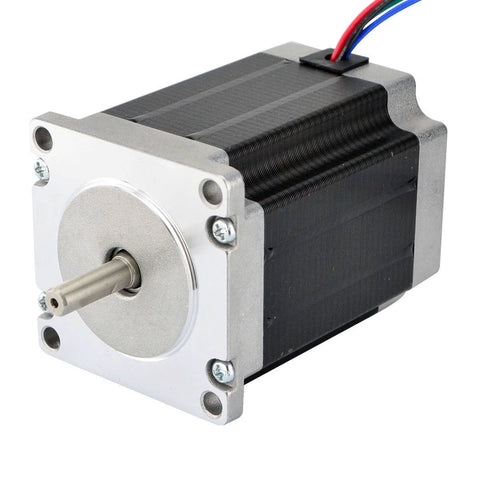 NEMA 23 bipolar stepper motor with silver front plate, black body, and top-mounted wires.