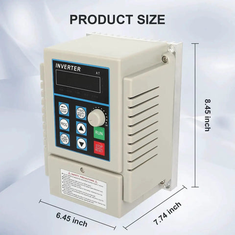Front view of VFD Inverter Frequency Converter for Motor Speed Control, 220V Fifty To Sixty Hz, dimensions labeled in inches