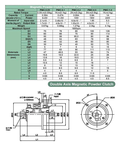 Technical diagram and specifications of Micro Magnetic Powder Brake Clutch For Precision Motion Control, including dimensions and torque.