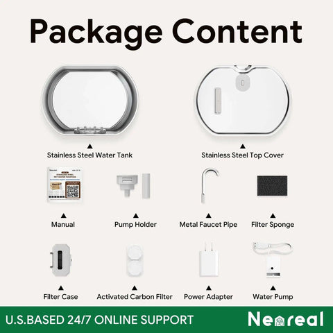 Package content of Stainless Steel Cat Water Fountain With 73oz Capacity Easy View Water Level Window, including parts and manual.
