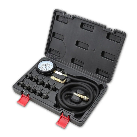 Oil Pressure Tester Kit 0 To 140 PSI with steel gauge, rubberized case, and 50-inch hose for cars, trucks, ATVs, motorcycles, in case.