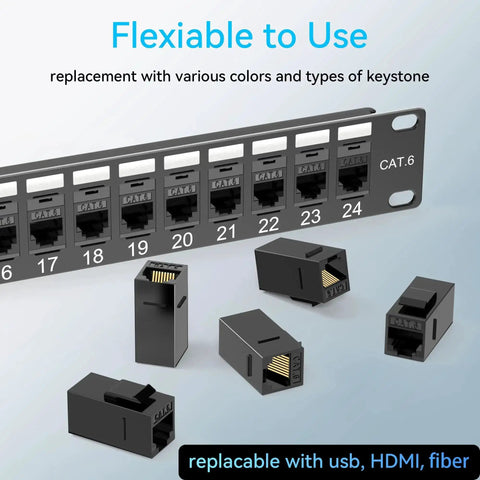 24 Port Cat6 Patch Panel with Keystone Couplers No Punch Down RJ45 Ethernet Patch Panel 1U 19 Inch showing keystones