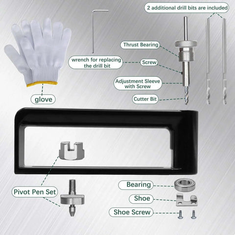 Components of an Adjustable Sheet Metal Hole Cutter With Two Drill Bits Pro Grade Circle Hole Cutter From 2 To 12 Inches For Duct HVAC Roofing And Metalwork Easy Cut Handles 24 Gauge Steel And 26 Gauge Stainless Steel Fits One Quarter Inch Drill Chuck