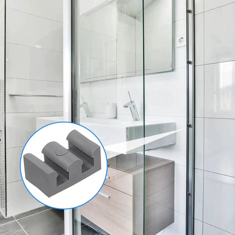 Four Piece Silicone Shower Door Stopper Set With Framed Sliding Bumpers For Anti Collision Protection Of Glass Shower Doors Suitable For All Shower Glass Types Clear Grey Finish Includes Four Screws installed on glass shower door