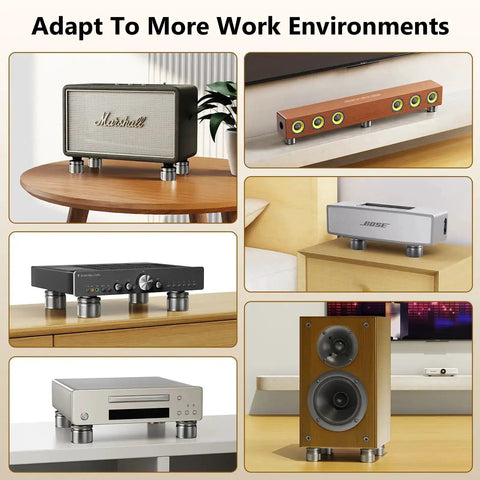 Various audio equipment on Adjustable Speaker Isolation Feet 4 Pack With Height Adjustable 0.9 to 1.5 Inch Vibration Damping Stands