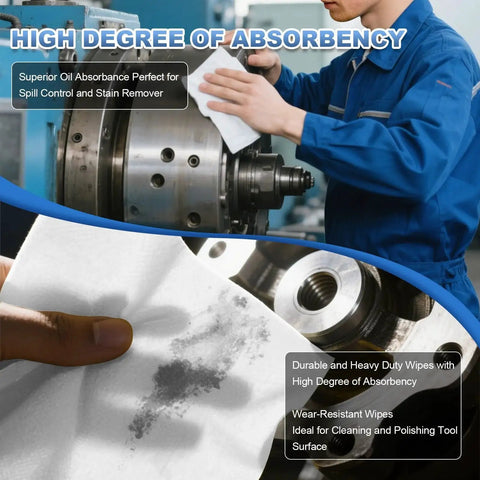 Person using Cleanroom Wipes 6 By 6 300 Pcs Lint Free Grade A 68 GSM 55 45 Blend to clean machine part, illustrating high absorbency.