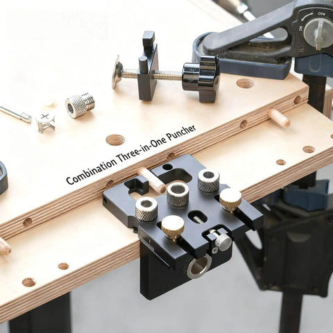 Combination Three-in-One Puncher in use on a wooden board, showing an industrial clamping tool setup with dowel holes and accessories.