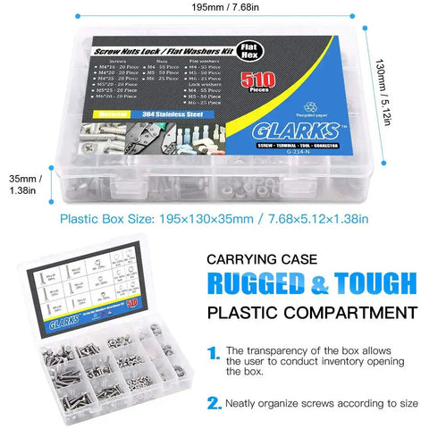 510 Piece Flat Hex Stainless Steel Screw Bolts Nuts Locking Washers And Flat Gasket Washer Assortment Kit in storage case