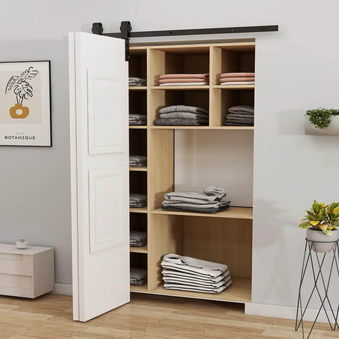 Folding Single Track Barn Door Hardware Kit For Double Doors installed on closet, showcasing bypass sliding system with low ceiling flat track.