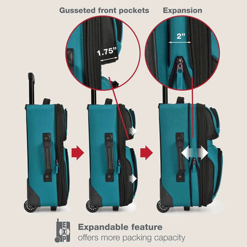 Expandable teal lightweight softside carry-on showing gusseted pockets and expandable feature, 2-wheel system, durable polyester