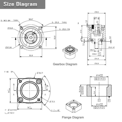 Technical drawing of Harmonic Drive 50 To 1 Small Strain Wave Gear Reducer For Nema 14 Stepper Motors with flange output dimensions.