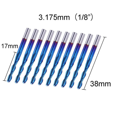Ultra Sharp 10 Piece Nano Blue Coat Flat Nose End Mill Set For CNC Router Bits One Eighth Inch Shank Upcut Two Flute End Mills
