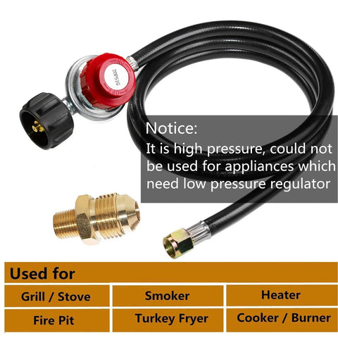 Propane regulator with 5 ft black hose and brass fittings, red dial valve for LP gas grills, burners, and fryers.