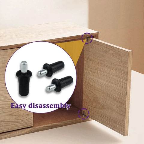 Spring Loaded Cabinet Door Repair Pins 24 Pack for Damper Replacement Pro Grade Anti Slip Telescopic Door Pins for Furniture Hardware Blinds and Cabinet Doors Black by SATUY installed in wooden cabinet.