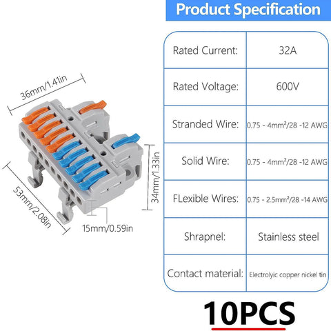 Din Rail Terminal Blocks Kit With 2 In 10 Out Universal Compact Lever Wire Connectors, specifications in diagram