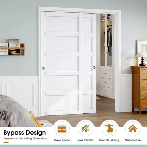 Sliding Closet Door 64x80 Inches 5 Panel Bypass Barn Doors With Concealed Hardware Track Kit White Finish