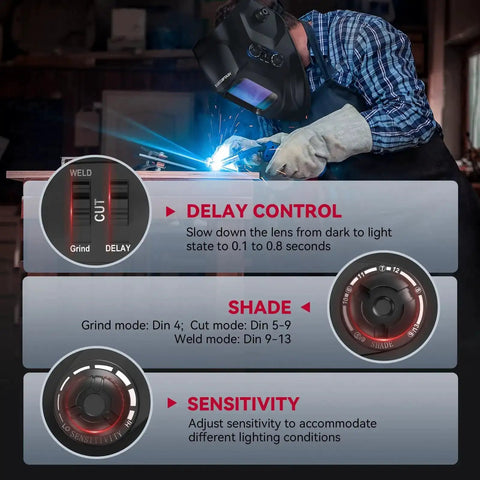 Welder in auto darkening helmet with large viewing screen using MIG torch; helmet features control panel for delay, shade, sensitivity.