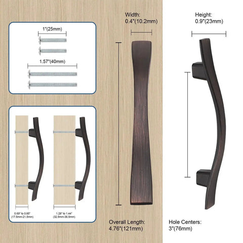 30 Pack Bridge Design Cabinet Handles, 3 Inch Hole Centers, Oil Rubbed Bronze Zinc Alloy Drawer Pulls with dimensions and screws