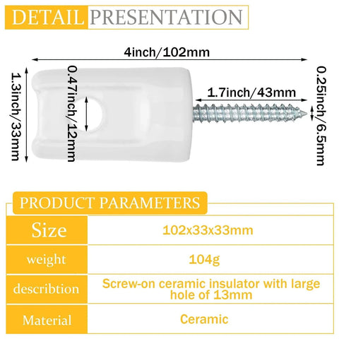 Close-up of 25 Pack Ceramic Lag Screw Fence Insulators for Wooden Posts showing dimensions, weight, and ceramic material.