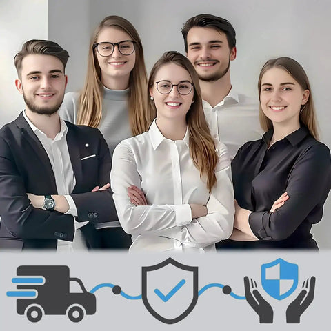 Group of five professionals smiling, standing in formal attire with icons of delivery and security below them.