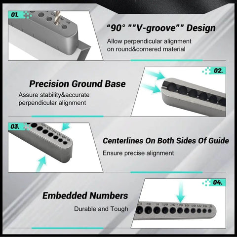 Pro Grade DIY-Friendly Portable Drill Guide For Straight Holes With 17 Drill Sizes From 1/8 To 3/8 In 1/64 Inch Increments features