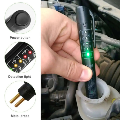Brake Fluid Tester Pen DOT 3 DOT 4 DOT 5.1 Diagnostic Tool With 5 LED Indicators in use, showing moisture level in vehicle brake fluid.