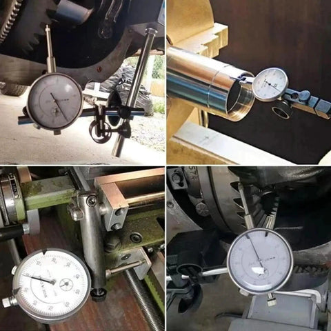 Pro Grade 0-1 Inch Dial Indicator With Magnetic Base And Adjustable Long Arm in use on various metal surfaces, 0.001 inch readout.