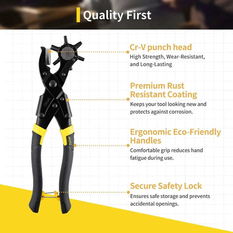 Long Handle Revolving Leather Hole Punch Kit with ergonomic handles and rust-resistant coating next to product features