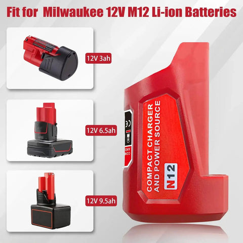 M12 USB Power Source Charger Adapter For 12V Battery Type C Input 2.1A USB Port And 12V DC Outlet displayed with battery options