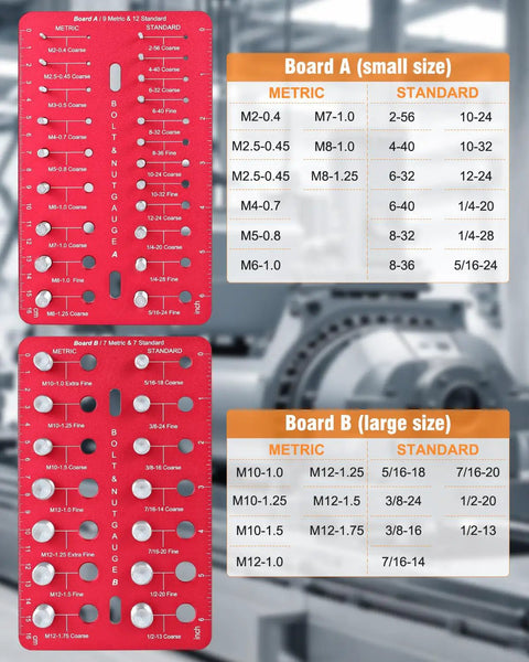 Ultimate Nut And Bolt Thread Checker With 35 Size Gauge 16 Metric And 25 Standard Sizes showing metric and standard sizes on red gauge boards.