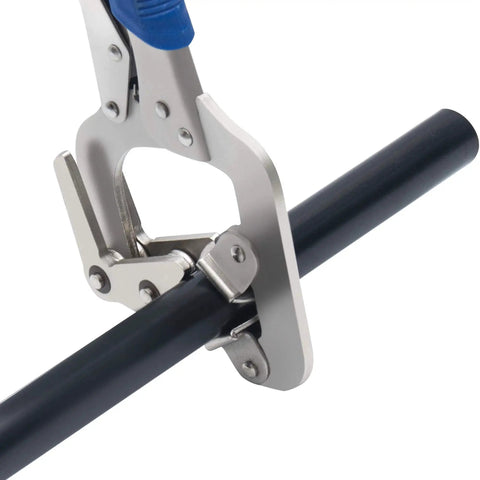 10 Inch Welding Pipe Pliers With Locking C Clamp and Large Adjustable V Pads securing a black tube for welding
