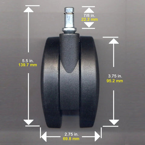 Side view of Extra Large Chair Casters 4 Inch Set Of Five For Carpet Replaces Chair Mat Heavy Duty With Smooth Rolling Performance Seven Sixteenth Inch Stem