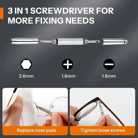 3 in 1 screwdriver for glasses in 8 In 1 Glasses Cleaning Kit with anti-fog spray, showing tool replacing nose pads and tightening screws.