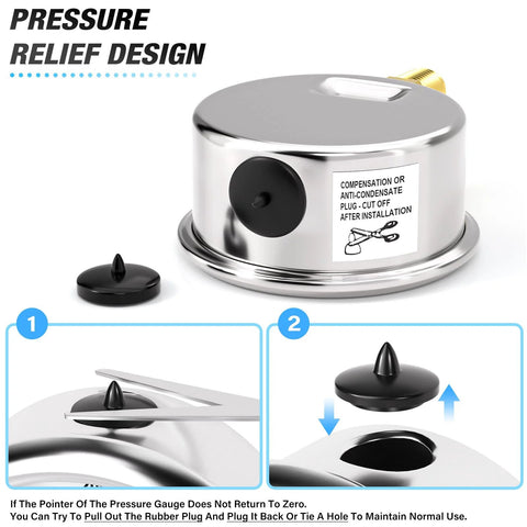Meanlin stainless steel lower-mount pressure gauge assembly with 1/8 in NPT port and black plug